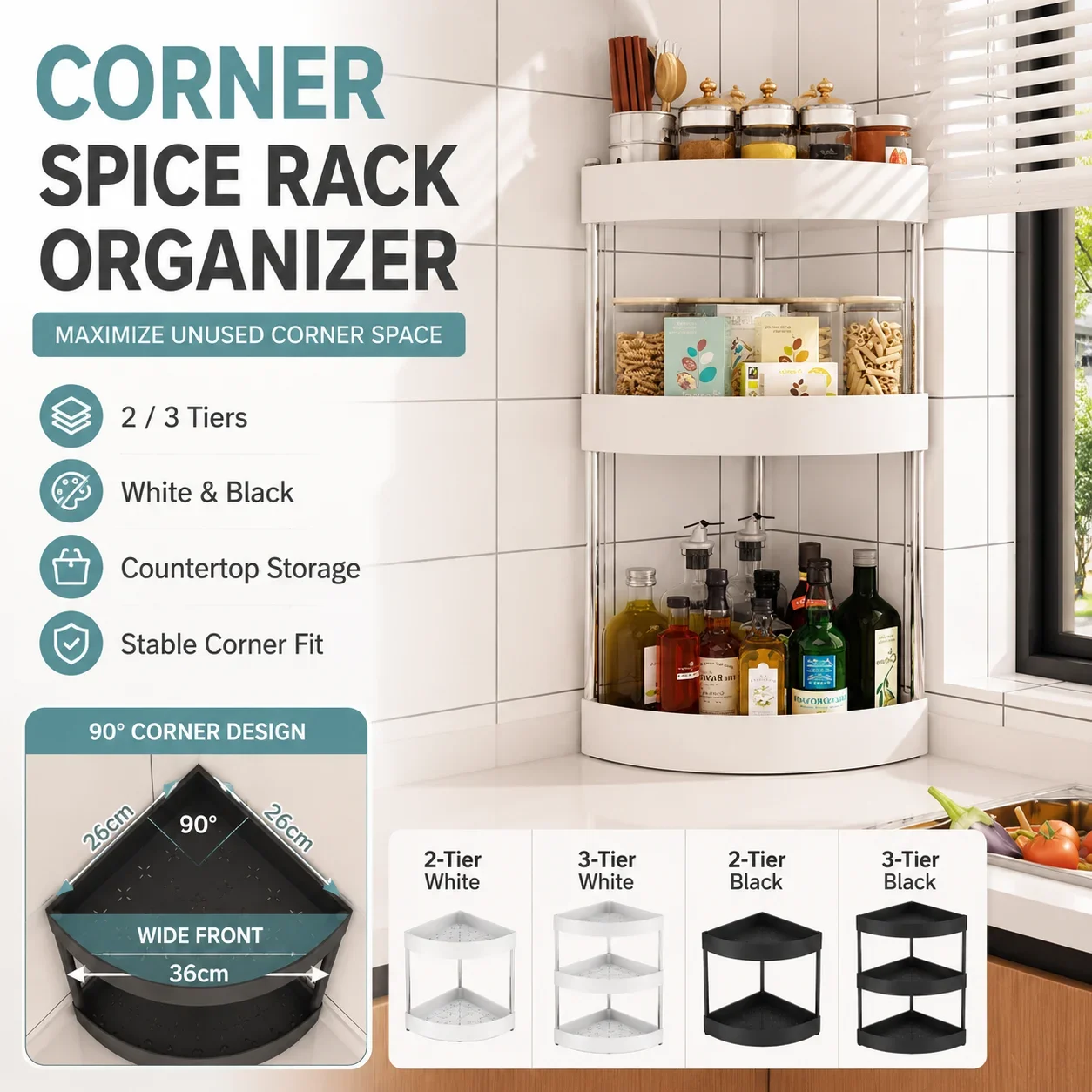 2/3Tiers Kitchen Desktop Corner Spice Rack Plastic Triangle Countertop Storage Shelf for Condiments Bottles Pantry Organizer