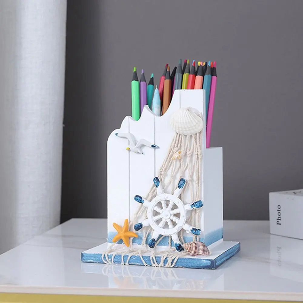 Mediterranean Style Wooden Pen Holder Ocean Style Large Capacity Pencil Storage Box Handmade Pen Container