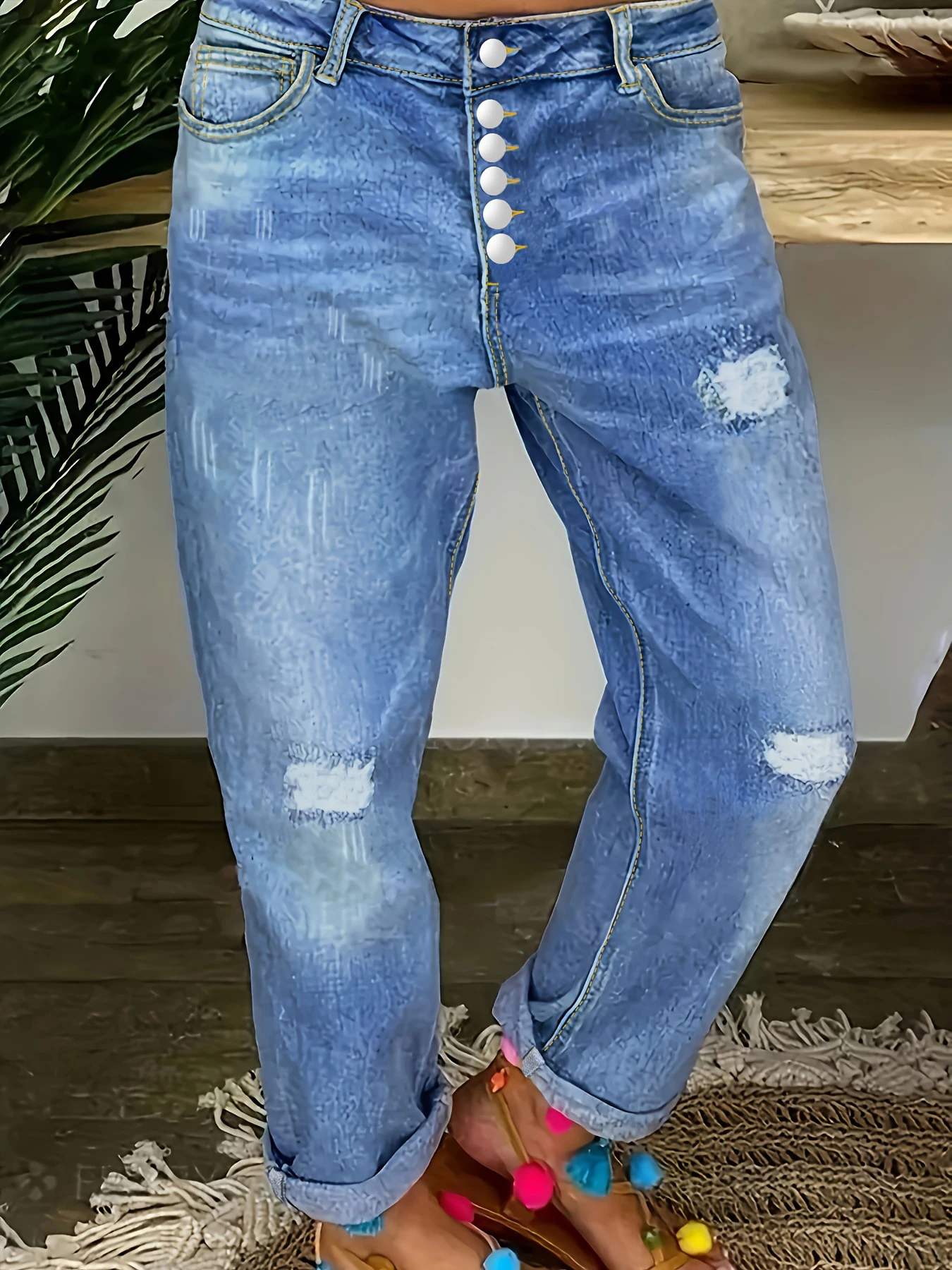 Jeans femininos plus size elásticos de cintura alta com vários botões, jeans desgastados, estilo rua