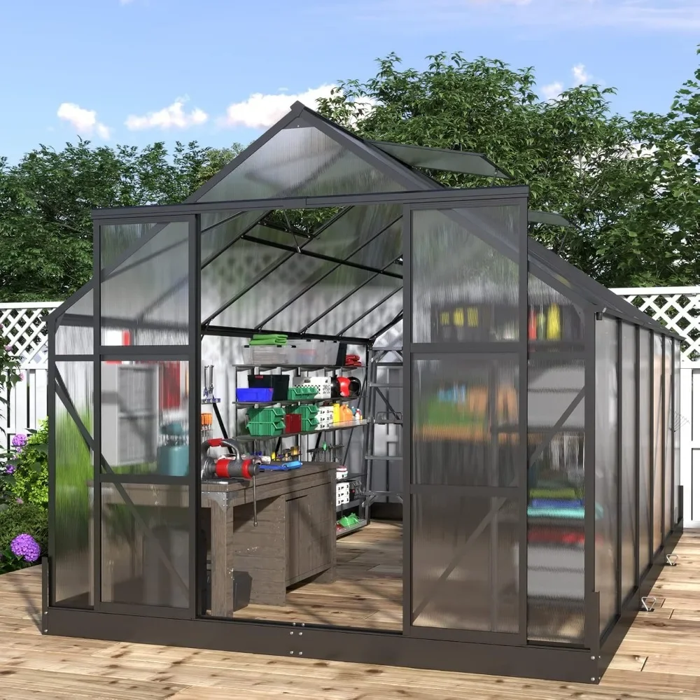 

Greenhouse 8x14x7.5 FT 2 Sliding Doors 4 Vent Window Walk-in Premium Greenhouse Storage Shed Outdoor Aluminum Large Hot House