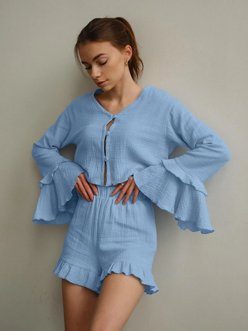 

Marthaqiqi Home Clothes Female Long Sleeve Sleepwear V-Neck Pajama Crop Top Nightwear Shorts Causal Women Nightgowns 2 Piece Set