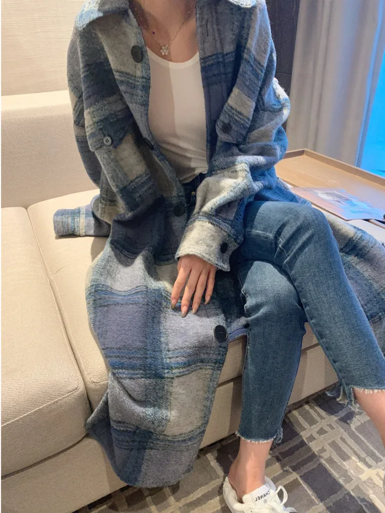 [EWQ] Korean Loose Long Sleeve Blue Plaid Woolen Coat  Single Breasted Warm And Thick Women Winter Overcoats 2024 Autumn 16O2474