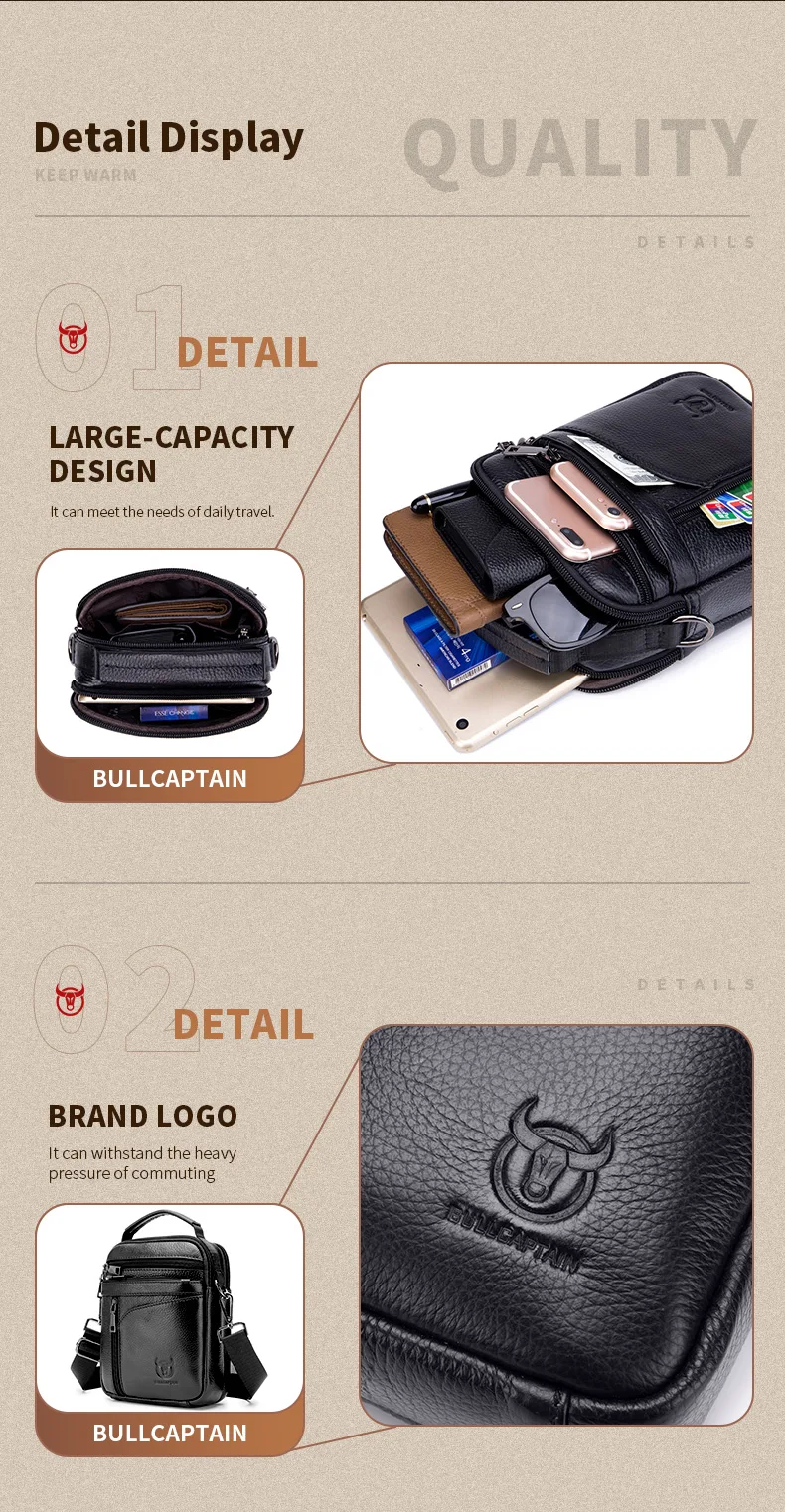 Bull captain neue Männer Tasche Echt leder Mann Marke Umhängetasche kleine Business-Taschen männliche Messenger Ledertaschen – Detail 11