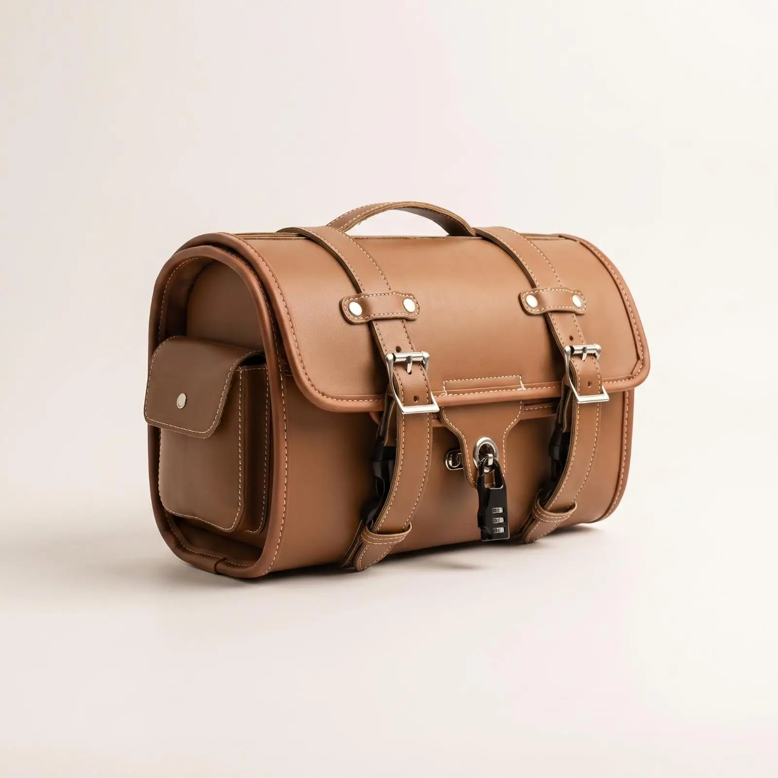 PU Leather Motorcycle Tail Bag for Daily Commute Rear Pouch with Flap Top and Metal Buckle Straps