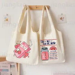 Japanese Strawberry Style Tote Bag Girls Canvas Shoulder Bags Harajuku Travel Handbag Peach Printed Book Bag Eco Shopping Bags