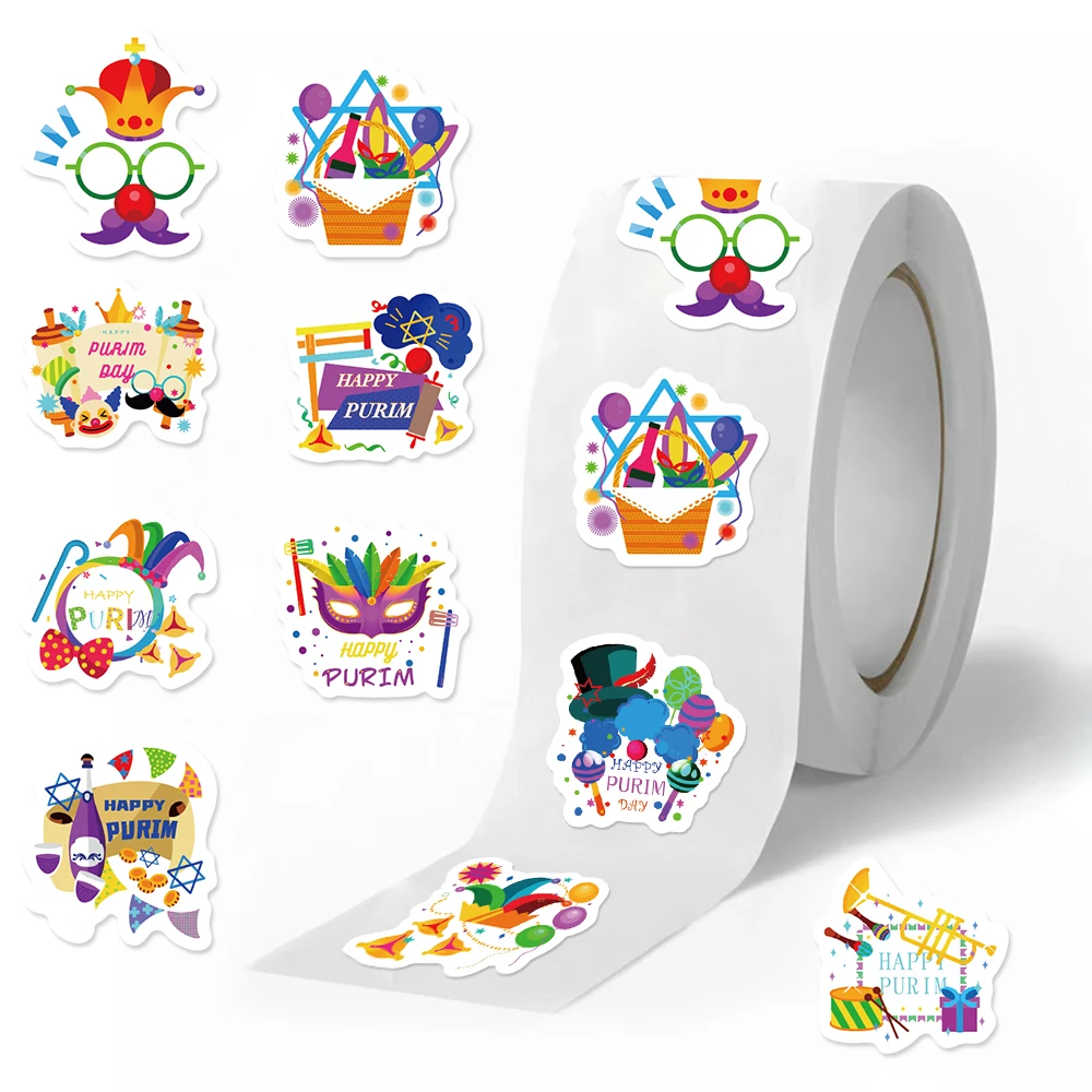 500 PCS Happy Purim Stickers Purim Day Colorful Clown Mask Drum Carnival Sticker Patterns for Bottle Phone Kids Jewish Holiday