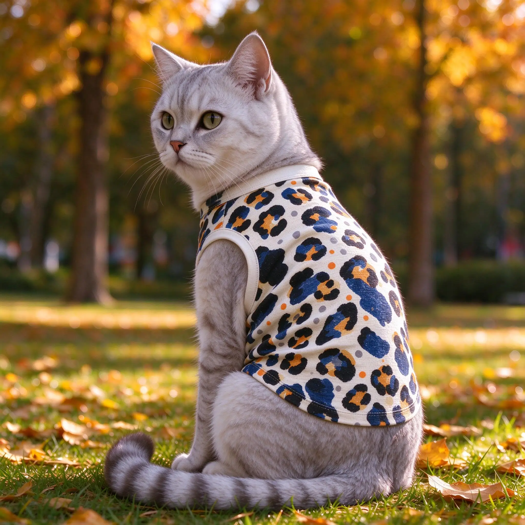 Pet Cat Vest Beige Blue Orange Leopard Print Breathable Sleeveless Shirt for Small Medium Cats Cute Animal Theme Daily Wea