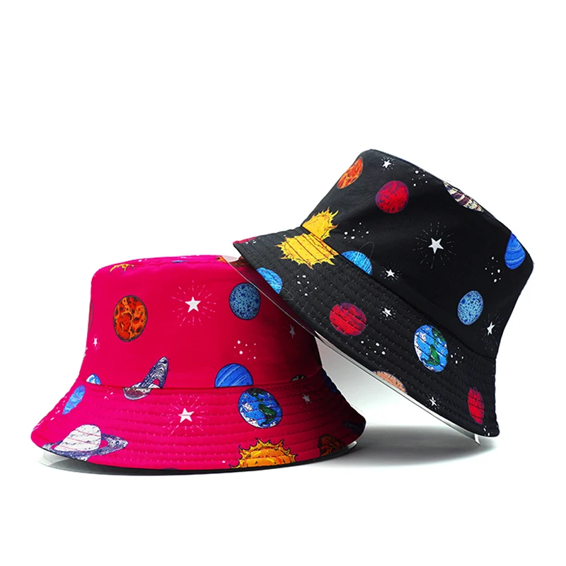 Top Cartoon Star Bucket Hat Printing Starry Sky Pattern Fisherman Hats Double Sides Panama Cap Unisex 58cm Outdoor Sun Sunscreen