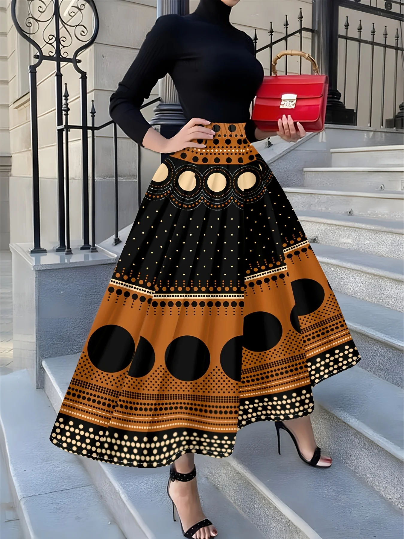 

Black and Orange Geometric Tribal Print Skirt for Women Casual High Waist A Line Midi Skirt Summer Vacation Outfit Fashion