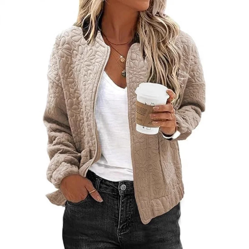 

Женская свободная однотонная куртка, новинка 2025 года, повседневный жаккардовый кардиган с длинными рукавами, пальто на молнии с короткими рукавами