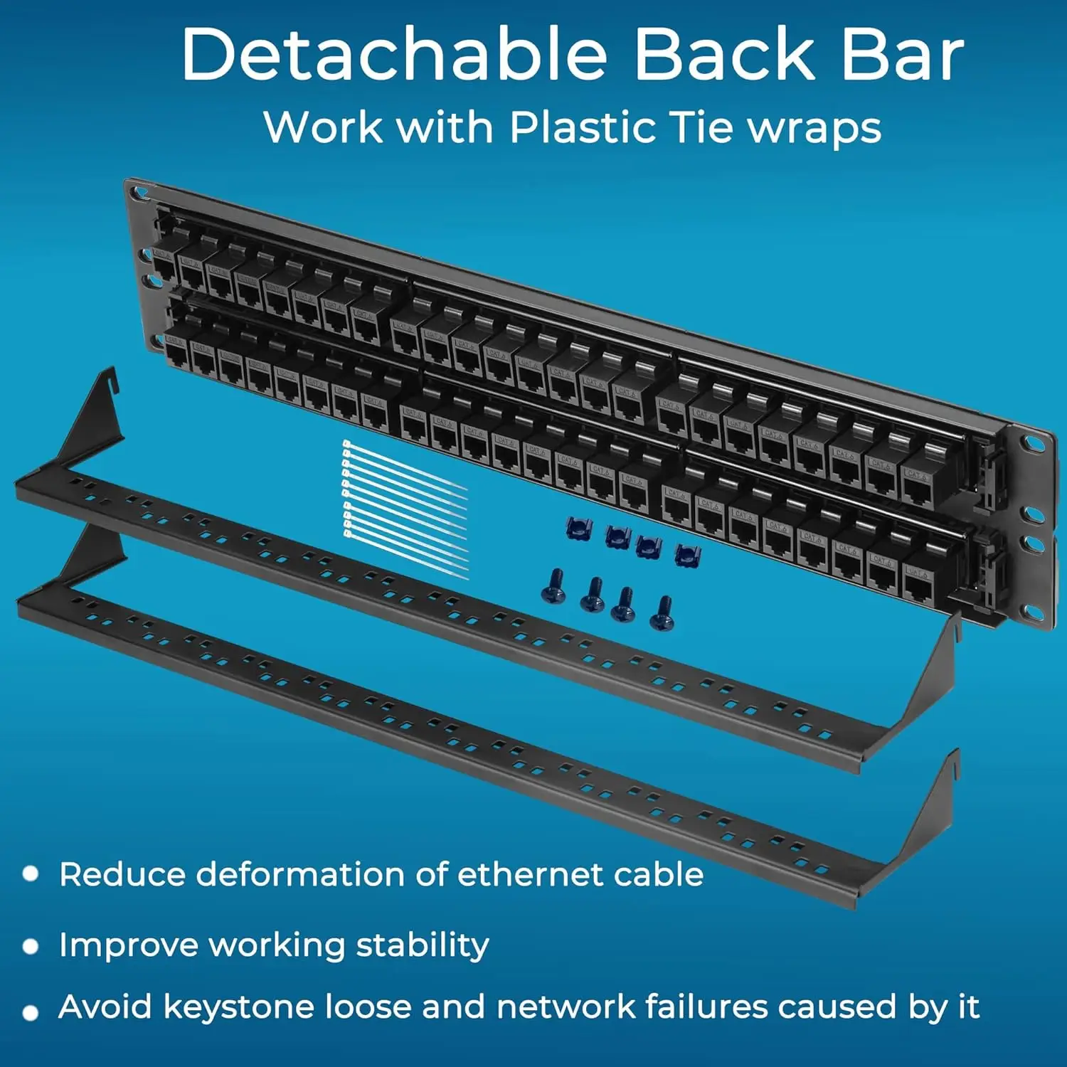 Panel de conexión Cat6 de 48 puertos con soporte Keystone 10G en línea, acoplador pasante UTP de 19 pulgadas, barra trasera extraíble, red 1U, a la venta
