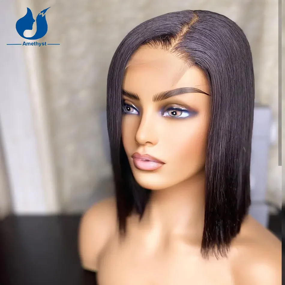 ALINANDING YST-Perruque Bob Lace Closure Wig 100% naturelle, cheveux humains, coupe courte émoussée, partie latérale, noir naturel, avec base injBase, 5,5x4,5 PU