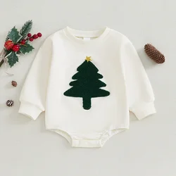 Baby Boys Girls Christmas Romper Snowman/Tree Embroidery Crew Neck Bubble Jumpsuit for Newborn Clothes