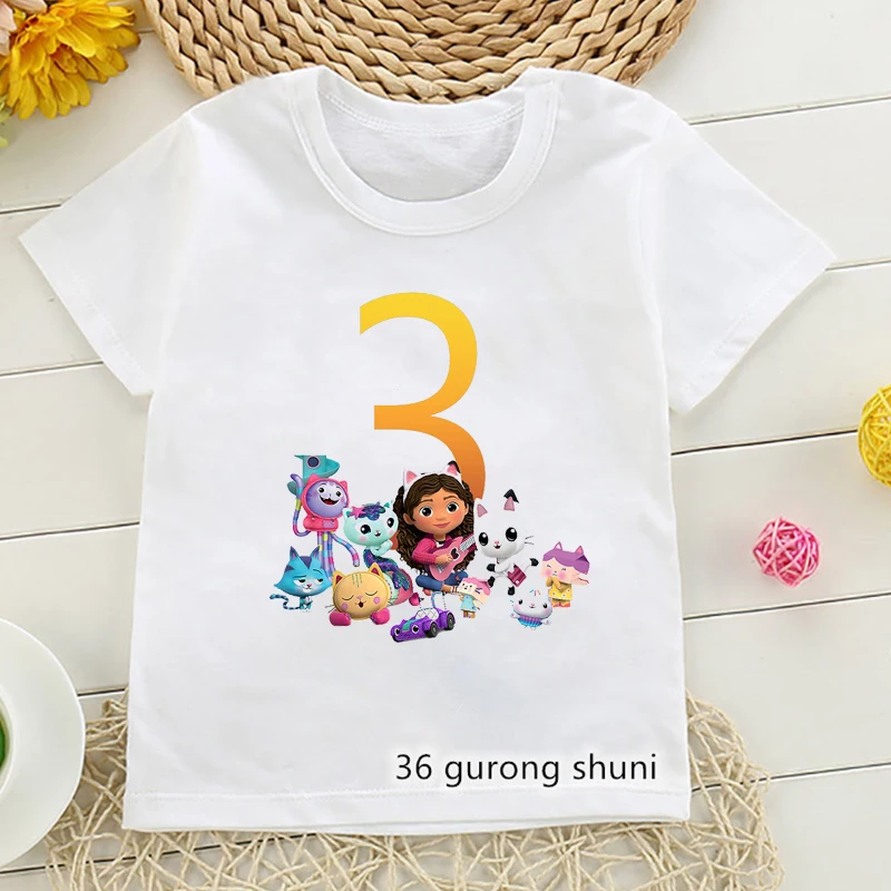 

New Style Kawaii 3th-12th Birthday Gift Print T-Shirt Girls Gabby'S Dollhouse Kids Clothes Summer Harajuku Children Tshirt Tops