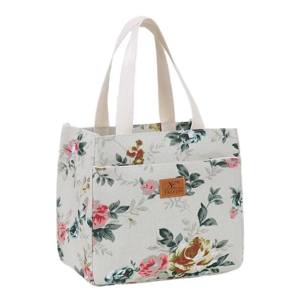 Portable Insulated Floral Print Lunch Bag Zippered Foil Lining Handbag Japanese Style Large Capacity Thermal Picnic Bag Worker