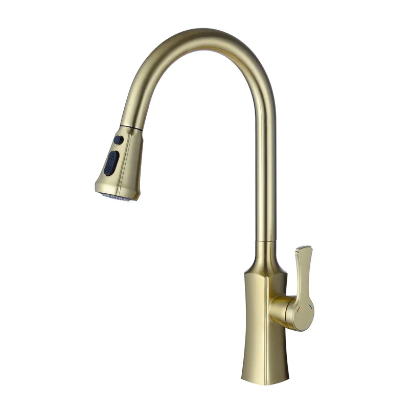 Modern Design Kitchen Faucet Brushed Gold Cross-Border Pull-Out Basin Washbasin Hot Cold Tap with Heightened Rotation