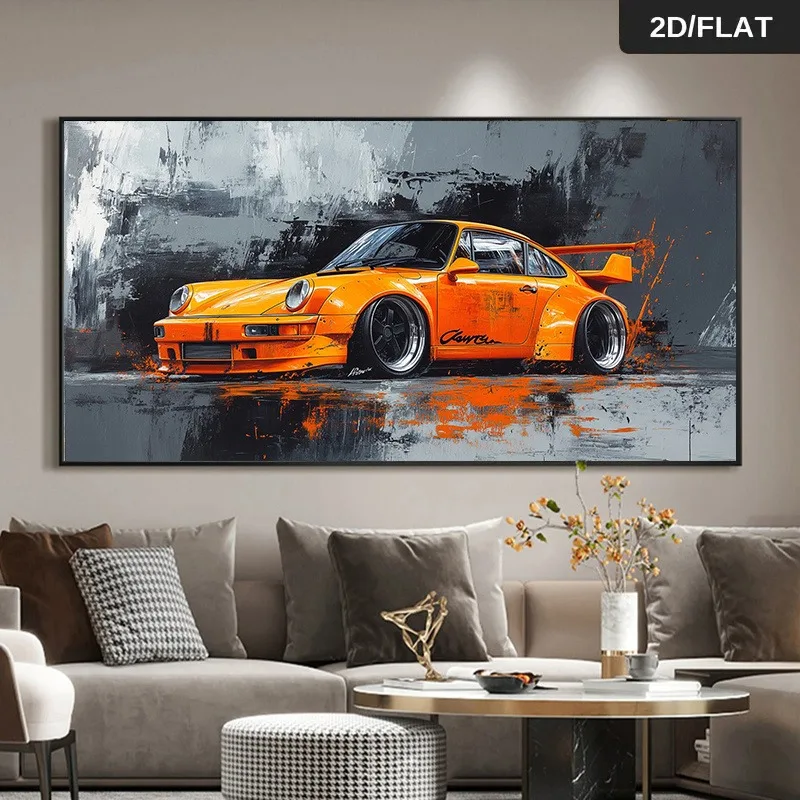 Moderne abstrakte Sportwagen-Leinwandkunst, Malerei, lebendiges orangefarbenes Rennwagen-Poster, Drucke für Wohnzimmer, Schlafzimmer, Büro, Wanddekoration