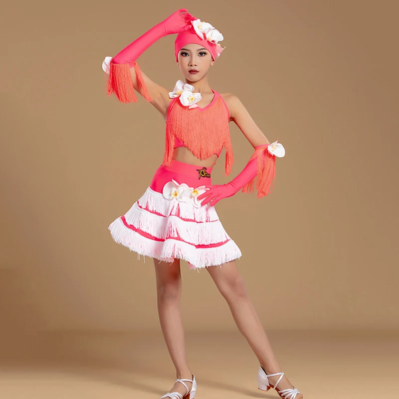 

Детская одежда для латинских танцев для девочек, детский топ с открытой спиной и кисточками, плиссированная юбка-тортик с нижней частью, танцевальный костюм для румбы