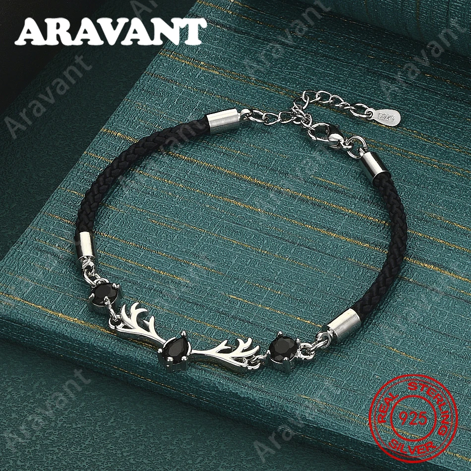 925 Sterling Silver Antler & Zircon Bracelet (Black & White) – Vintage, Elegant, And Sophisticated Party Jewelry For Women