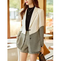 Contrasting Color Blazer Jacket Female 2024 New Spring And Autumn Two Piece Set Design Sense Niche Stitching Suit+Shorts Suit