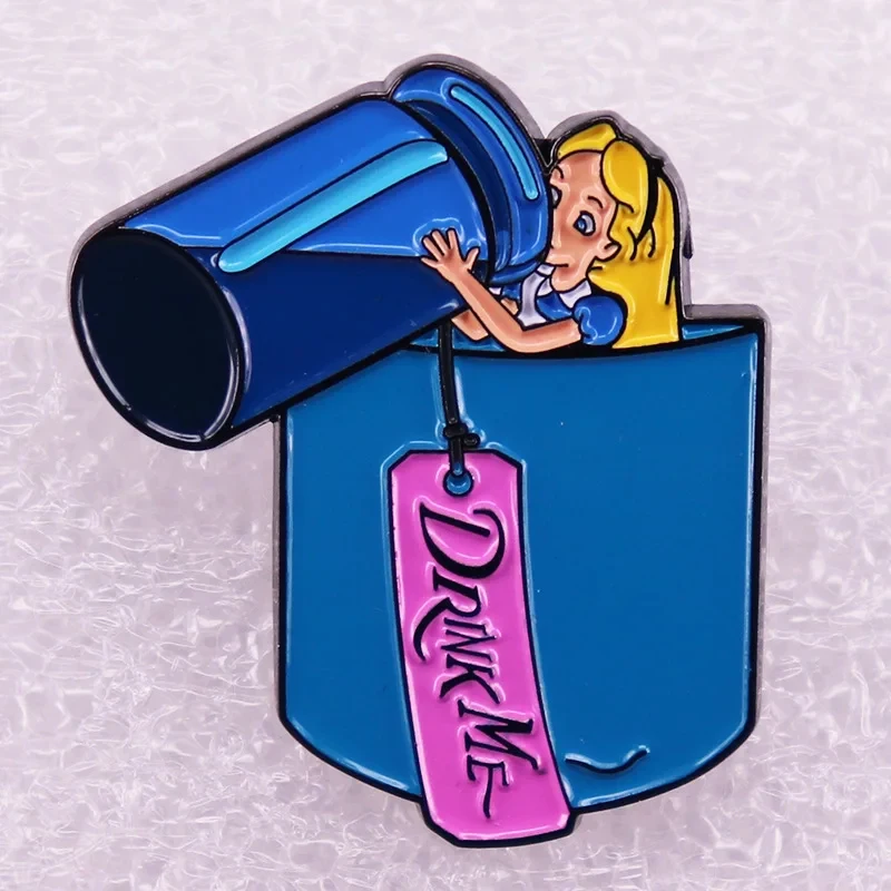 Disney Alice In Wonderland Enamel Pins Creative Alice Drinking Magic Potion Brooch To Send Friends Anime Decor Feminism Jewelry