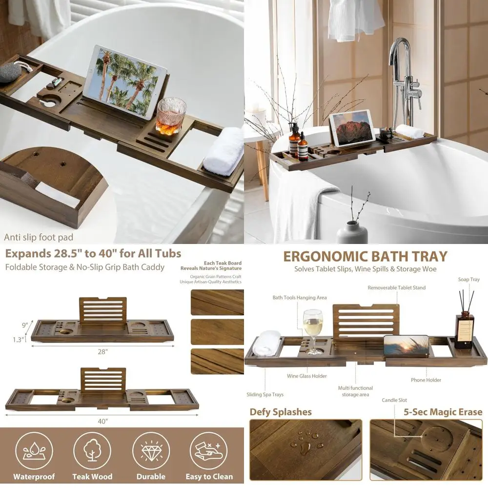 Bandeja para Bañera de Nogal con Ancho Ajustable, Soporte para Copas de Vino y Soporte Multiusos para Tablet, Teléfono y Libros