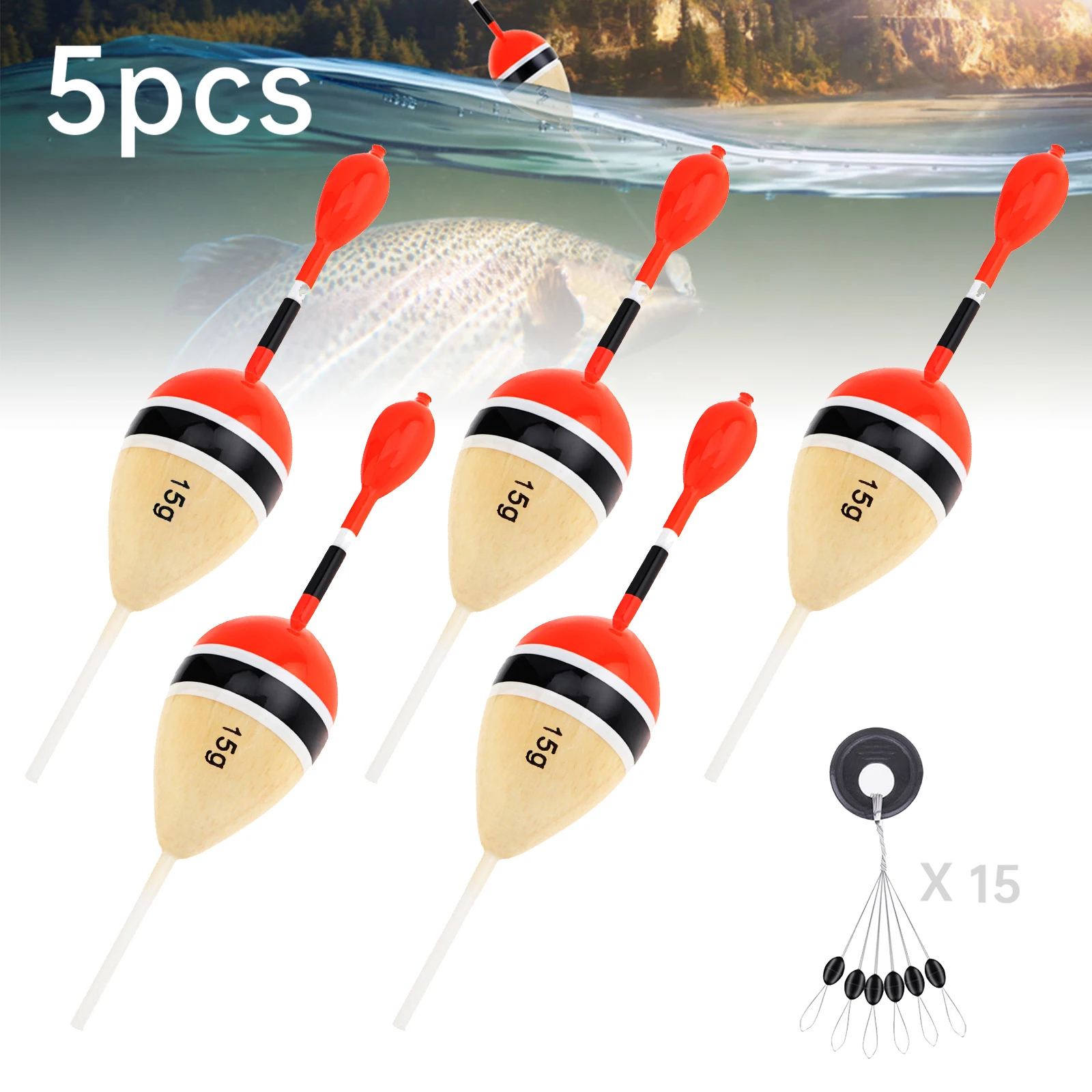 

5pcs 15g 1/2oz Balsa Wood Fishing Floats Bobber for Crappie Panfish Bass Trout with Bobber Stops,Long Cast Eye-catching Drift