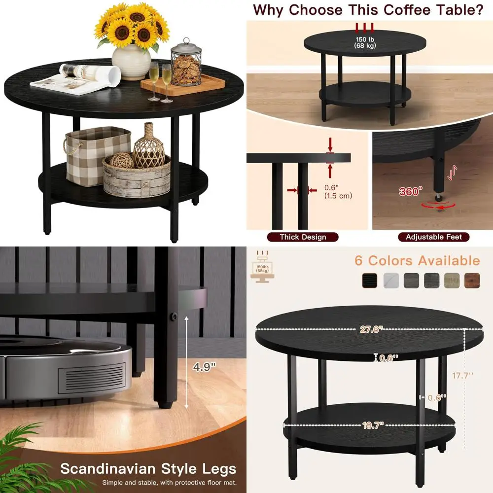 Round 2-Tier Coffee Table with Storage, 27.6 Diameter, Black Wood Accent for Living Room and Home Office