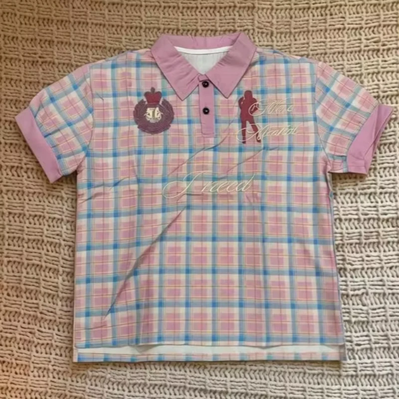 Korean Leisure Trend Street Plaid Lapel Crown Figure Embroidered Letter Embroidery Short Sleeve Casual Everyday Women T-shirt