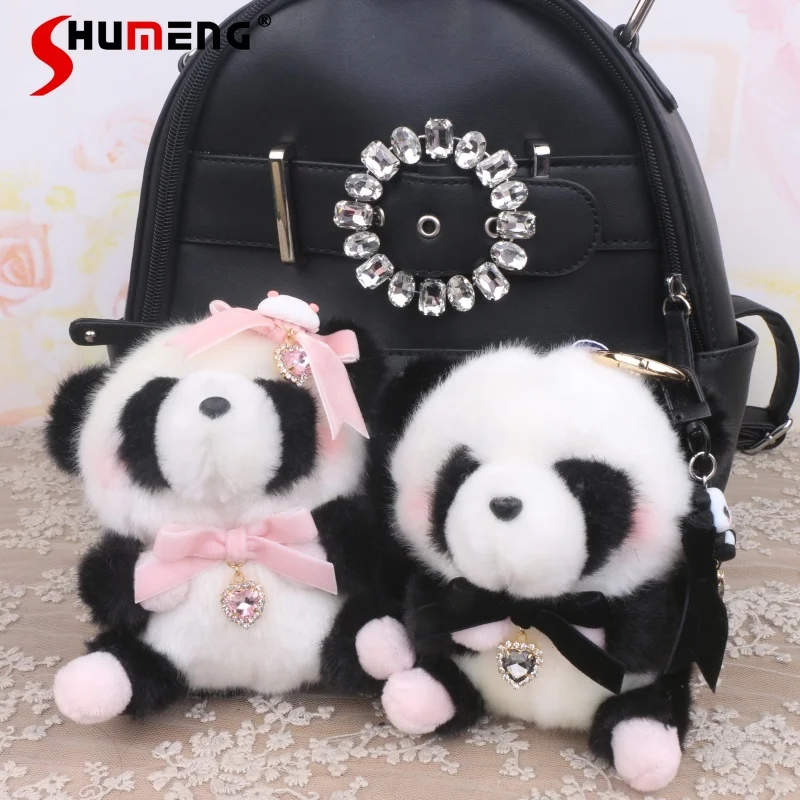 Lolita Kawaii Girls Bag Parts Handmade Cute Furry Panda Bow Rhinestone Pendant Sweet Birthday Gift Doll Bags Pendant Accessories