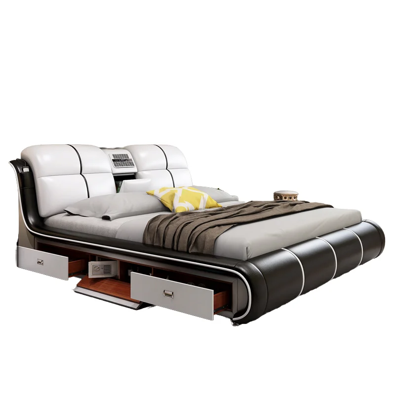 Custom Modern Multifunctional Light Smart Leather Sofa Bed With Projector Storage Soft Bed Solid Wood Frame HAOYU HY-008