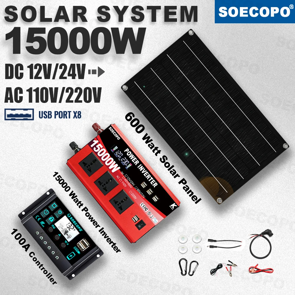 

15000W Peak Solar System Kit 600W Panel 100A Controller 12V24V 110V220V Inverter Generator 8 USB for Camp Home charger off grid
