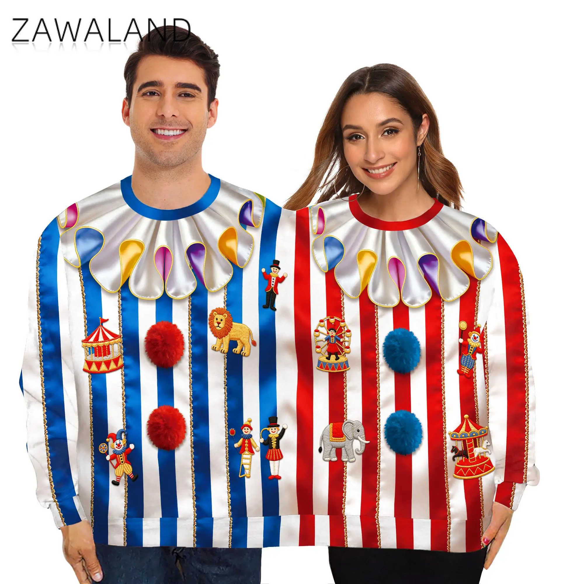 

Couple Clown Costume One-Piece Sweatshirt Circus Clown 3D Print Long Sleeve Top Halloween Carnival Party Court Jester Pullover