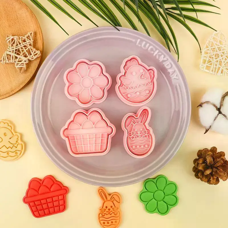 1/4Pcs Easter Rabbit Biscuit Mold Plastic Bunny Egg Cookie Cutter Stamp Embosser Easter Party Fondant Cake Baking Decoration