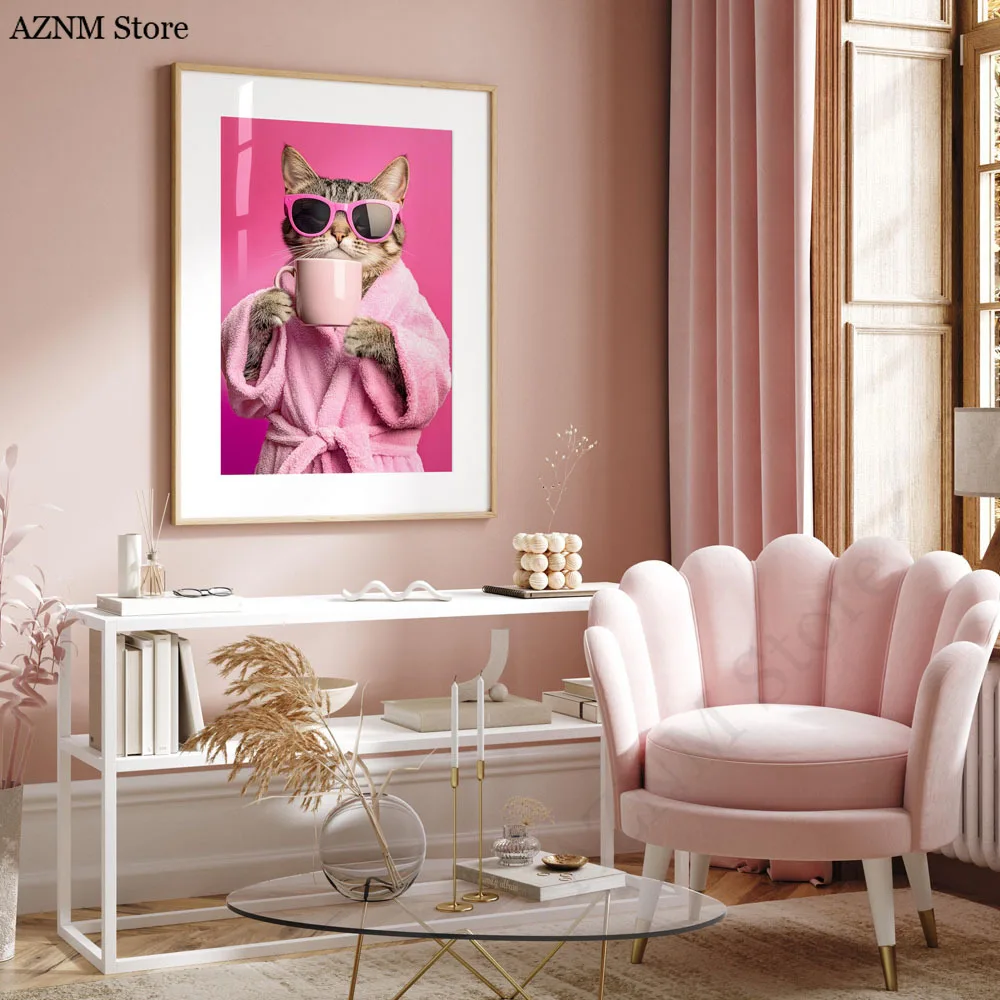 Animal Pink Cat Drinking Coffee Posters Canvas Painting Print Cat Art Room Home Kitchen Bar Cafe Room Wall Decor