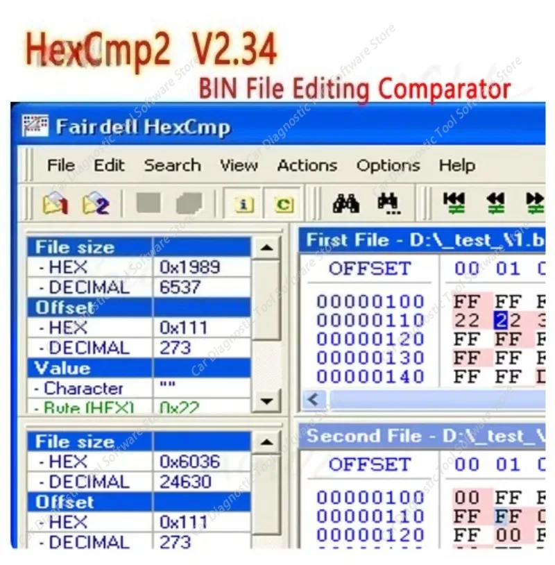 Comparador de Archivos BIN HexCmp2 V2.34, Editor Hexadecimal, Modificación Ilimitada de Archivos en Modo Hex, Compatible con Winols, Conveniente