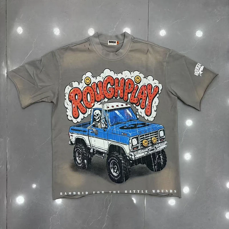 Rough Play Distressed Destroyed T Shirt Skeleton Truck Smile Face Print Men Loose Street Tee