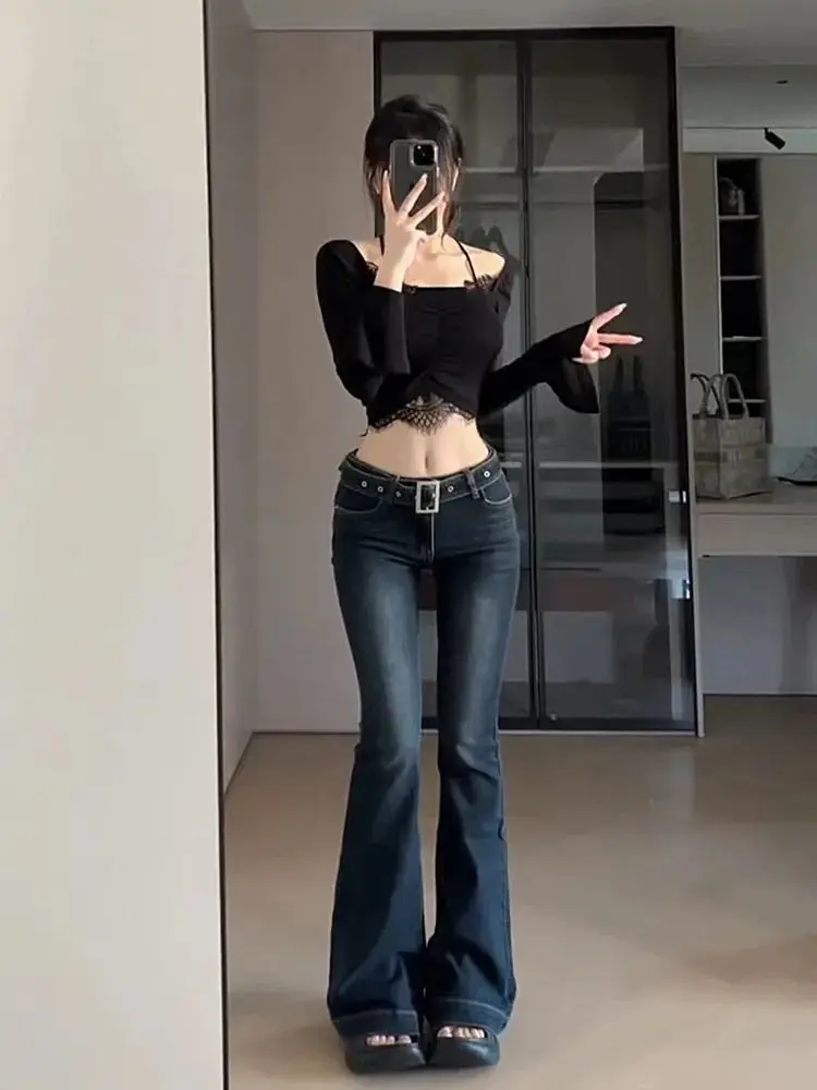 

Jeans Extensible Femmes Women' S Clothes Straight Blue Casual Retro 2000S American Distressed Hole Ripped Female Clothing Unisex