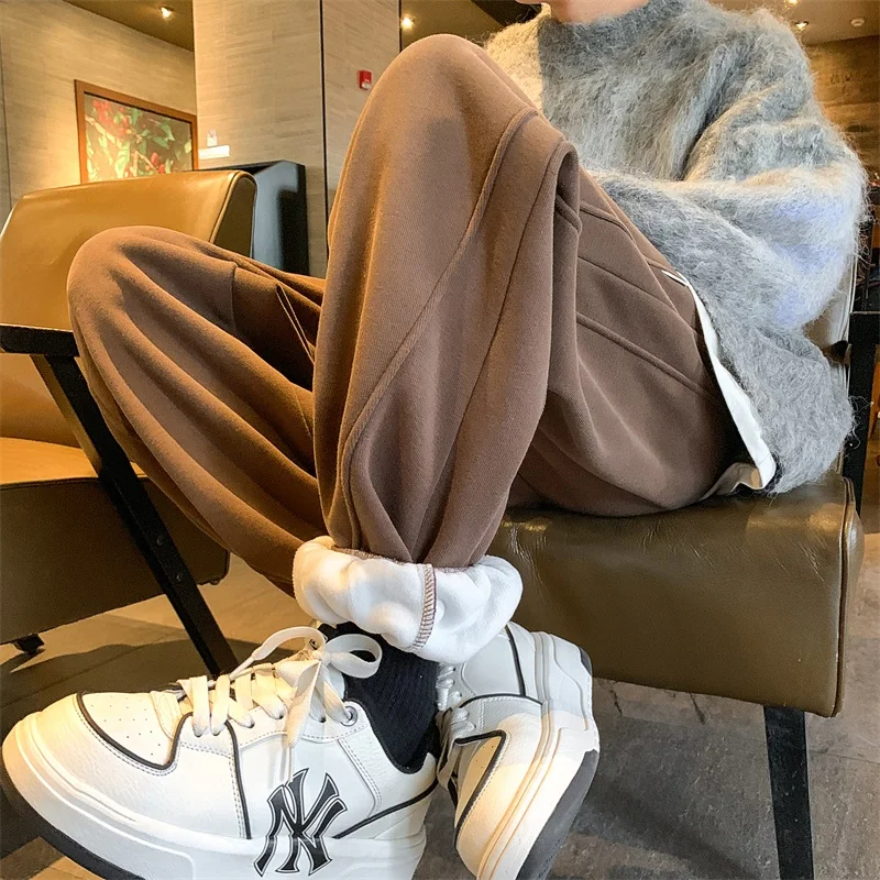 

Утепленные спортивные брюки на флисовой подкладке для подростков, зимние теплые повседневные брюки в американском ретро-стиле, плотные, с манжетами, для отдыха