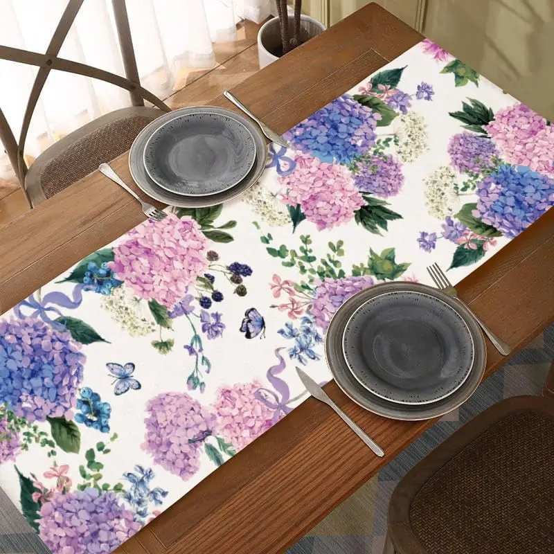 Colorful Hydrangeas Linen Table Runners Summer Flower Dresser Scarf Table Decor Holiday Wedding Party Kitchen Dining Table Decor