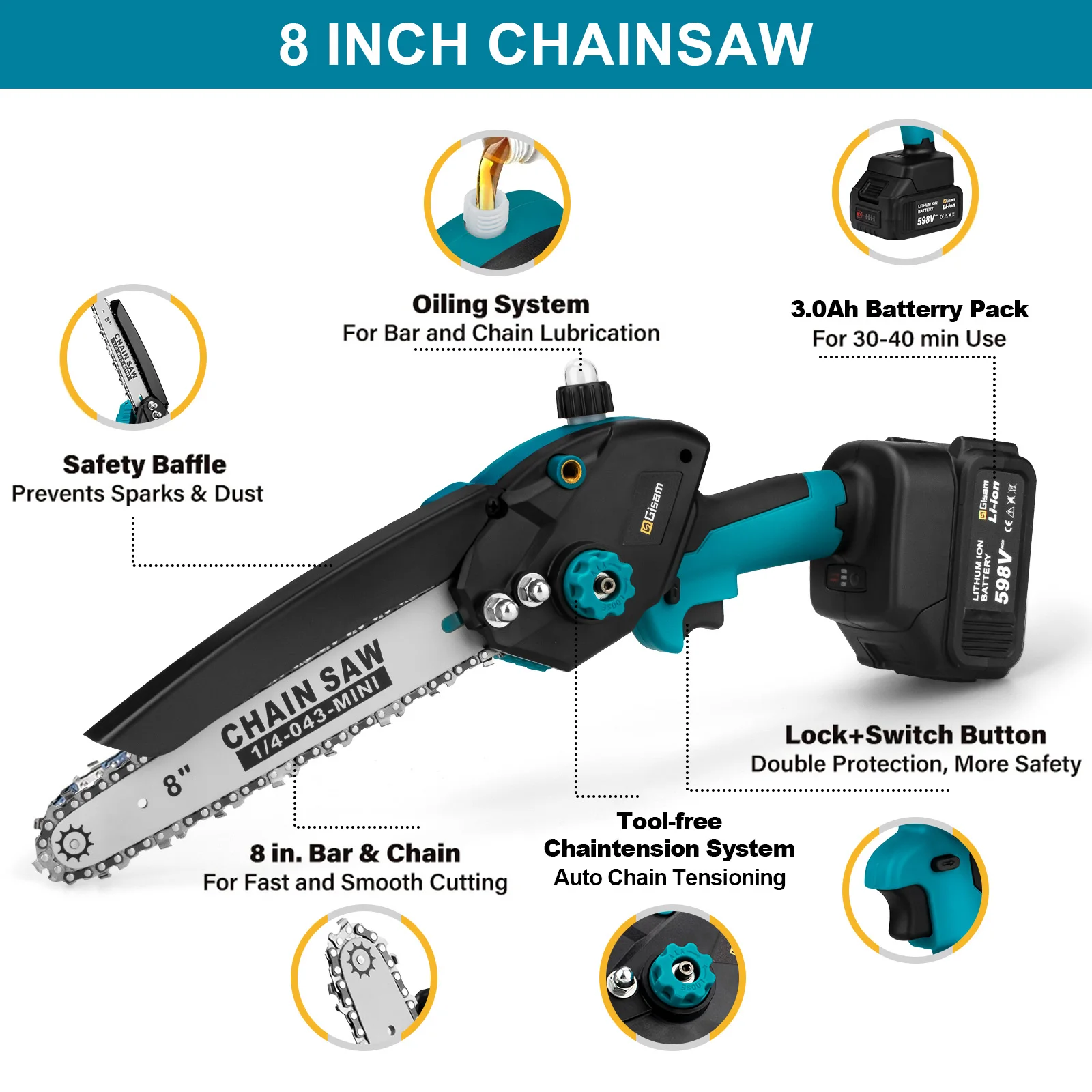 Gisam 8 Inch Brushless Chain Saw with Oil Can Cordless Handheld Pruning Chainsaw Woodworking Electric Saw Cutting Power Tools