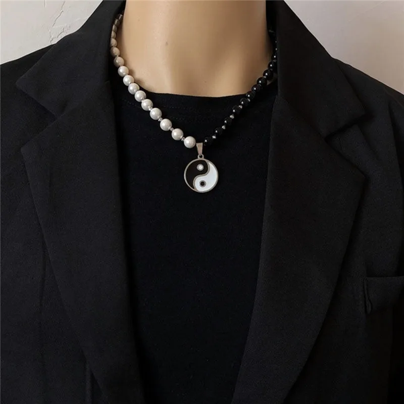 Black White Taoism Yin Yang Round Charm Beaded Faux Pearl Tai Chi Choker Necklace for Men Women Protection Lucky Jewelry Gifts