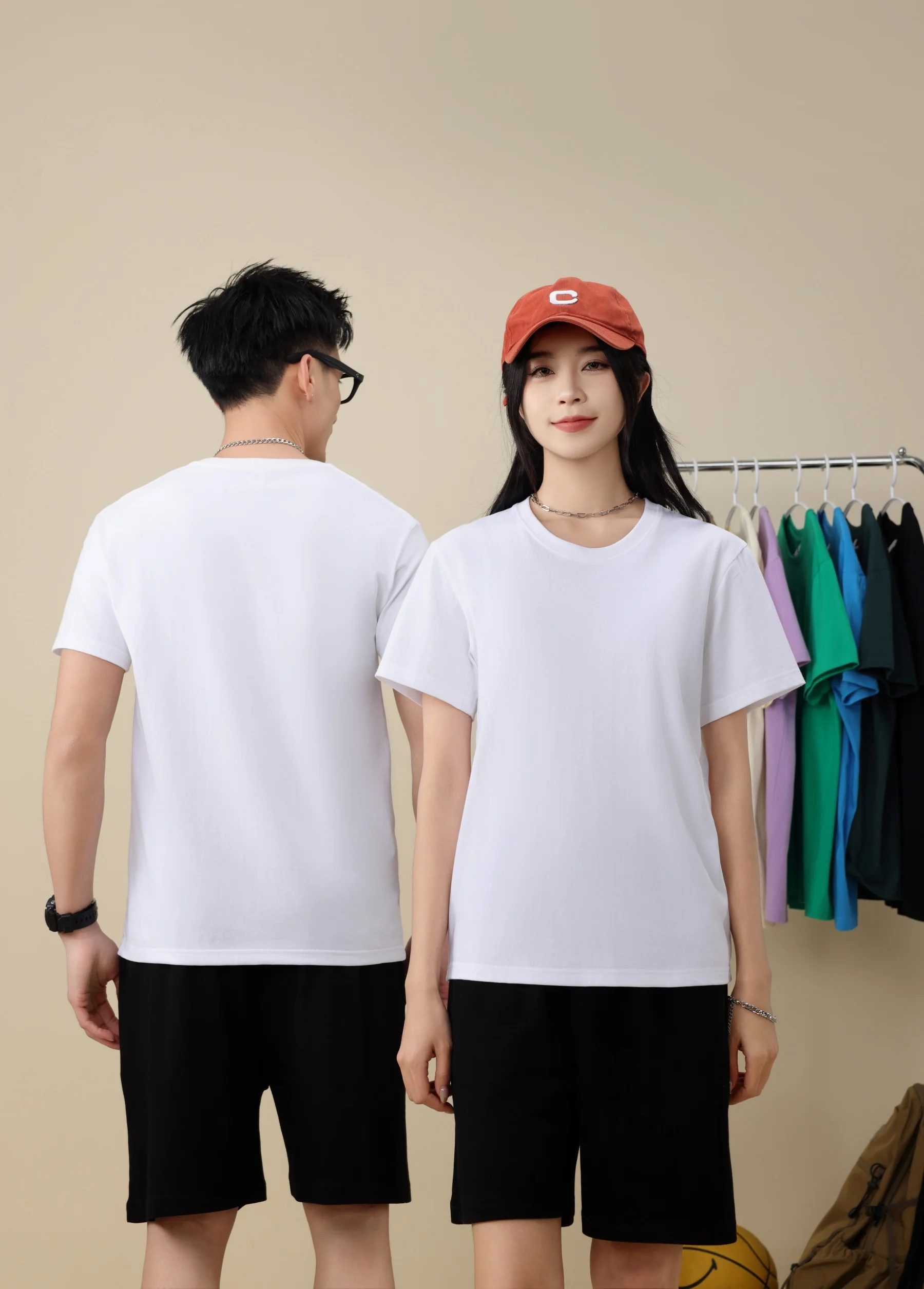 Camiseta de verano de 180g para hombre y mujer, Camiseta de algodón peinado de Color sólido con cuello redondo, Camiseta estampada de moda de calle alta de manga corta