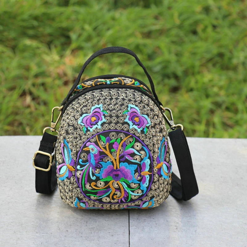 Trendy Casual Canvas Handbags Ethnic Style Embroidery  Crossbody Bag Zipper Double Sided Floral Women Shoulder Bag