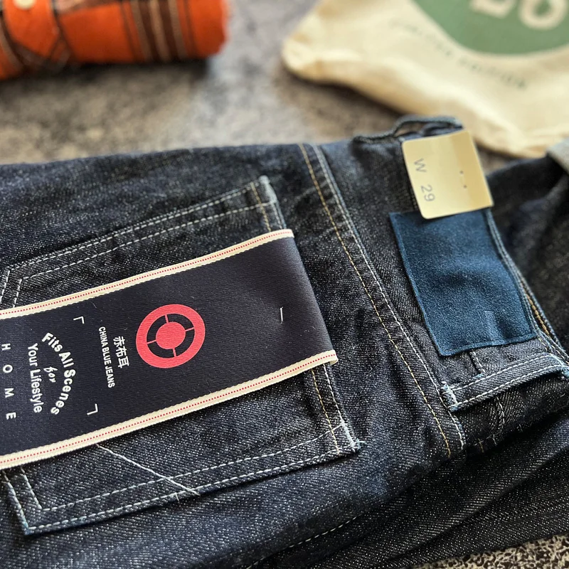 جينز Selvedge النيلي ثقيل الوزن للرجال مغسول مسبقًا متوسط الارتفاع مستقيم الساق سليم صالح الراقية الأمريكية الرجعية سراويل تقليدية #4