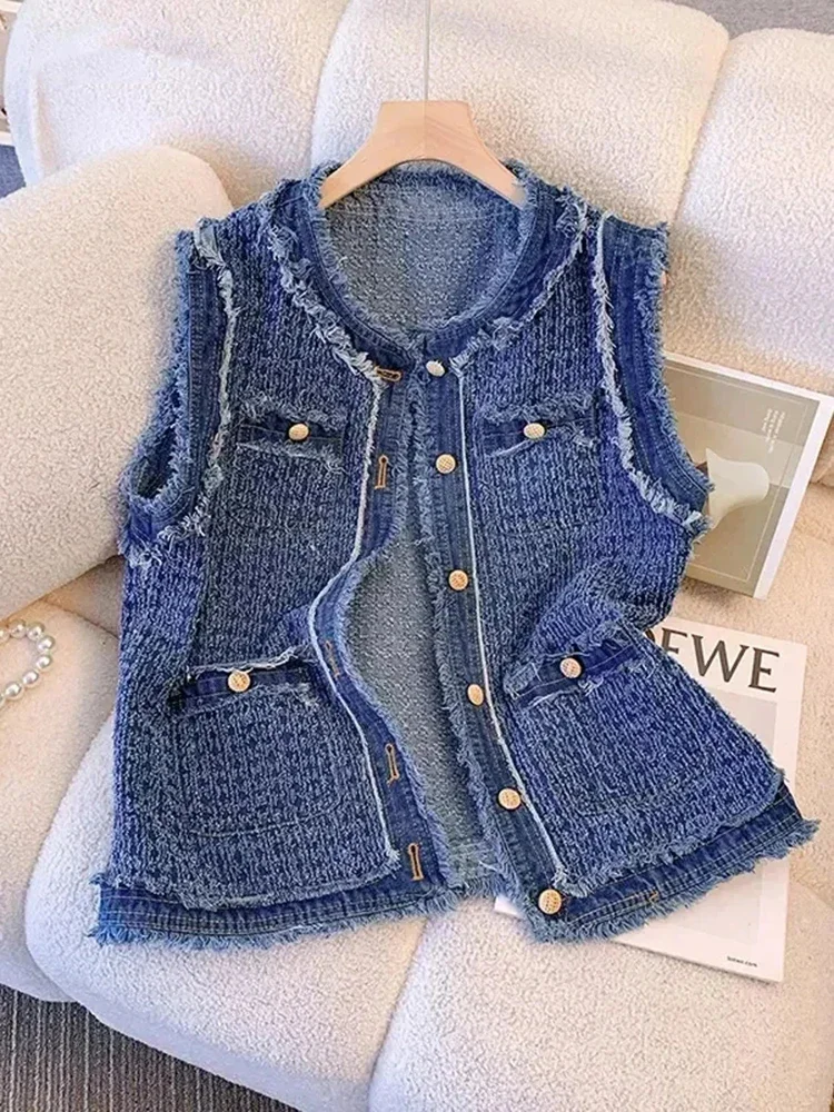 Women Single Breasted Plaid Denim Vest with Tassel Elegant Lady Vests Blue Spring Autumn Flow Sleeveless Tank Top Coat