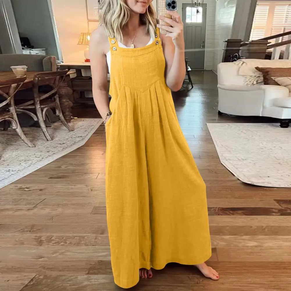 

Cotton Linen Women Jumpsuit Loose Wide Leg Deep Crotch Square Neck Lady Overalls Button Shoulder Strap Backless Pockets Rompers