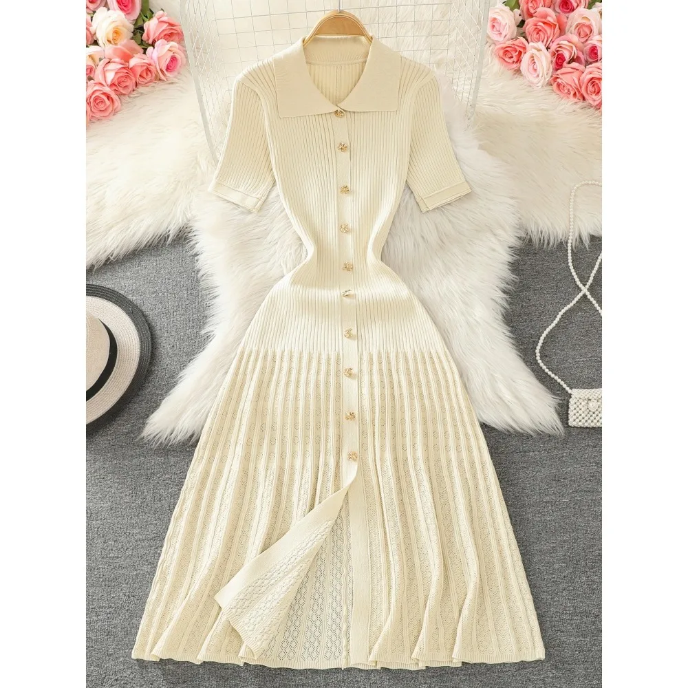 sweet Peter pan Collar knit Single Breasted Dress French Party Elegant Summer Sexy Slim Women sweet dresses