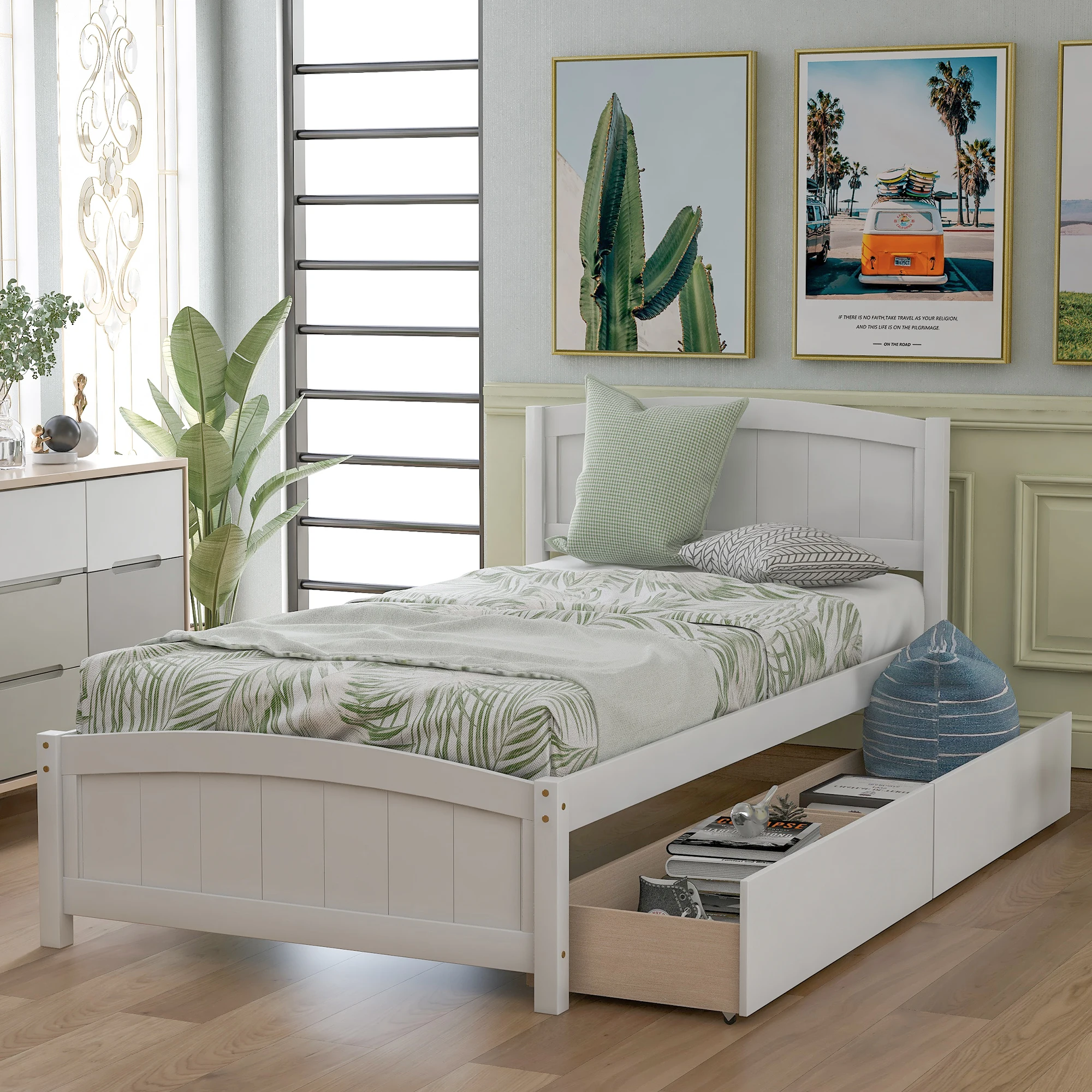 White Twin Platform Bed with Two Drawers, Practical and Sturdy Design  79.50x41.70x37.50 in.