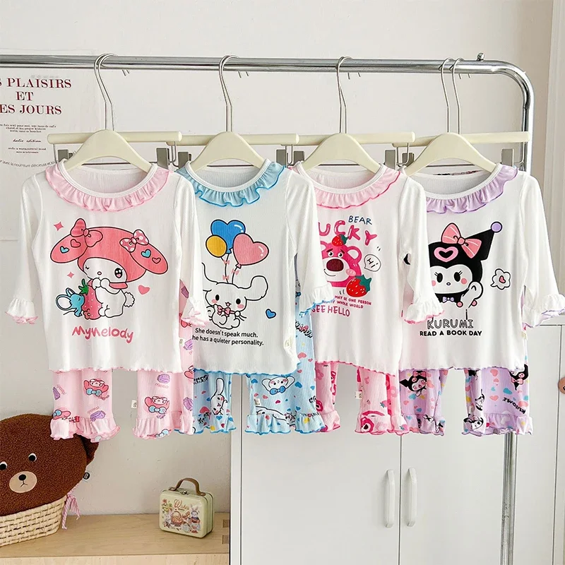 

Sanrio My Melody Wear Tops Kawaii Anime Kuromi Cinnamoroll 2024 Children Home Sleeve Pants Summer Sweet Cute Thin Pajamas Set